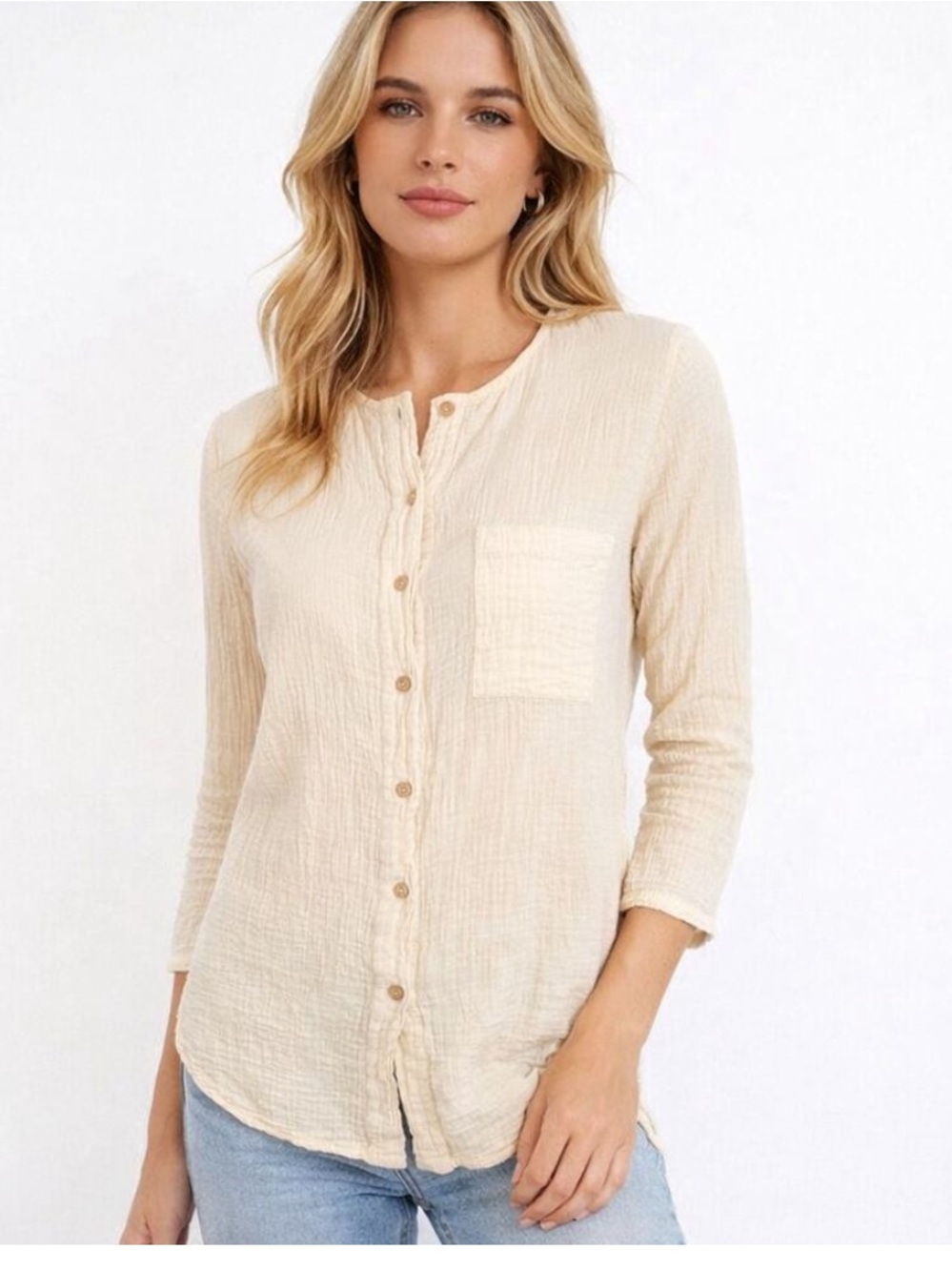 Sister Katie Organic Cotton Gauze Cream Sally Button Front Shirt XS